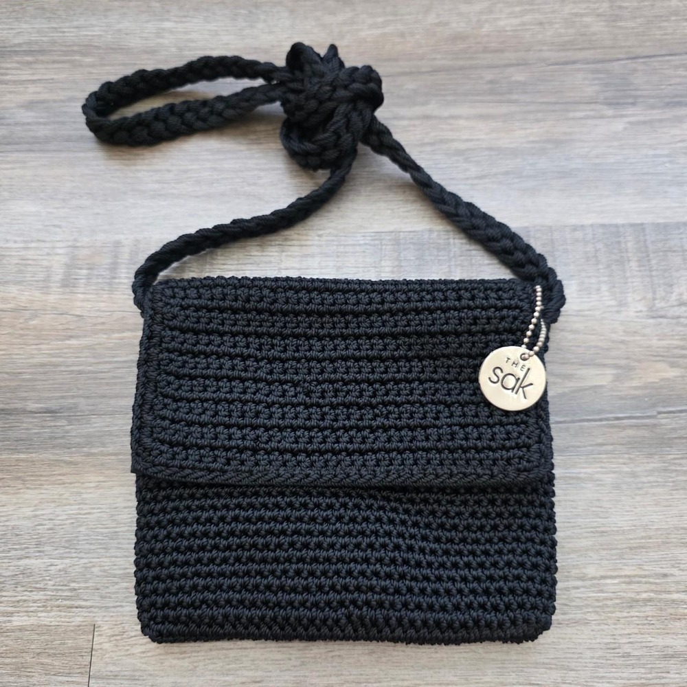 The Sak Vintage 90s Black Crochet Flap Crossbody Bag Hand Made in Indonesia